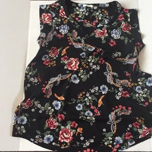 Plelione black floral short sleeved blouse size L